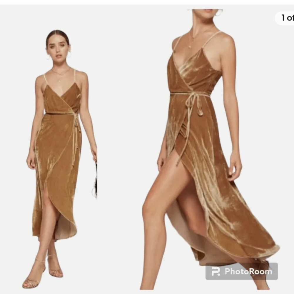 Reformation Anoush Women's Velvet Midi Gold Wrap Dress XS